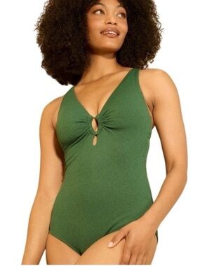 Green Crepe 1 Piece Swimsuit Gold Ring Detail Crisscross Back Bathing Suit Large